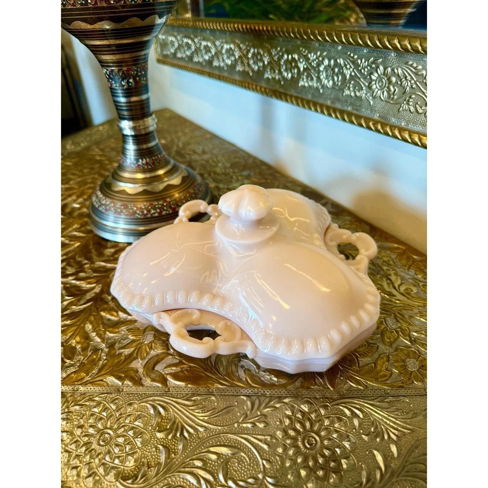 Vintage Pink Milk Glass Lidded‎ Divided Dish – Opaline Vanity or Candy Dish